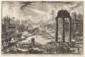 Veduta di Campo Vaccino (Kilátás a Campo Vaccino-ra [a római fórum Castor és Pollux templomával jobbra]), Vedute di Romától (Róma látképe) alkotó: Giovanni-Battista Piranesi
