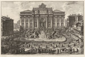 Az Acqua Vergine nagy szökőkútjának perspektivikus látképe, Trevi-kút néven, Nicola Salvi építészete, a Vedute di Roma című műből alkotó: Giovanni Battista Piranesi