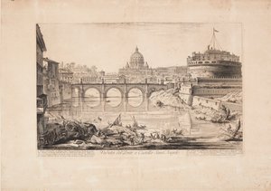 A híd és az Angyalvár, Hadrianus mauzóleuma, látképe, előtérben csónakokkal a Teverén, háttérben a Szent Péter-bazilika kupolájával alkotó: Giovanni Battista Piranesi