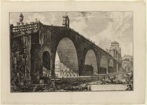 Kilátás a Ponte Molle-ra [vagy Milvian-hídra] a Tiberis fölött két mérföldre Rómán kívül, a Római kilátásból alkotó: Giovanni Battista Piranesi