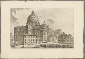 A vatikáni Szent Péter-bazilika külsejének látképe, a Views of Rome (Róma látképei) oldalról. alkotó: Giovanni Battista Piranesi