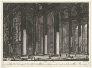 Voorportaal van het Pantheon te Róma A Pronao del Panteon belső képe (cím az objektumon) Gezichten op Rome (sorozat címe) Róma látképei, amelyeket Giambattista Piranesi építész, Ve (nez) iano tervezett és vésett (sorozat címe) alkotó: Giovanni Battista Piranesi
