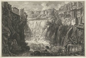 Waterval Tivoliban Kilátás a Tivoli-vízesésre (cím az objektumon) Gezichten op Rome (sorozat címe) Róma látképei, amelyeket Giambattista Piranesi építész, Ve (nez) iano tervezett és vésett (sorozat címe) alkotó: Giovanni-Battista Piranesi
