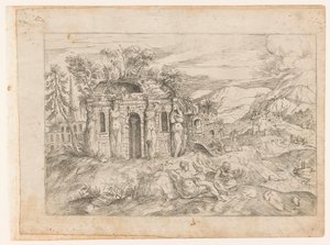 Táj antik templommal kariatidákkal alkotó: Giovanni Battista Pittoni (I) (attributed to)