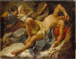 Candaules király (vagy Sadyatte vagy Myrsile, Lydia királya, Kr. e. 8. század) halála. (Death Of King Candaules) – Gyges, bizalmasa és riválisa gyilkolta meg, aki leszúrja, és feleségül veszi feleségét Queen Tudo – Giambattista (Giovan Battista) festménye 