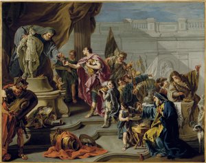 Az afrikai Scipion (Publius Cornelius Scipio Africanus) (Kr. e. 235-183) Mars isten előtt tiszteleg (Scipio tiszteleg Mars előtt) - Giovan Battista Pittoni (1687-1767) festménye, olaj, vászon (71,7x91,1 cm) - Magángyűjtemény