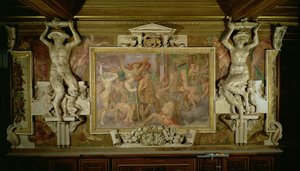 Vadászat a tudatlanságról, a díszítő séma részlete az I. Ferenc Képtárban, 1530-40 freskó és stukkó alkotó: Giovanni Battista Rosso Fiorentino