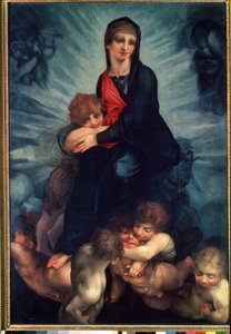 A Szűz és a Gyermek angyalokkal (The Virgin and the Child with angels). Fiorentino Rosso (1495-1540) festménye. Olajfestmény alkotó: Giovanni Battista Rosso Fiorentino