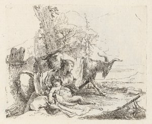 Egy nimfa kis szatírral és két kecskével, a Vari capriccitól (Különféle Capriccios) alkotó: Giovanni Battista Tiepolo