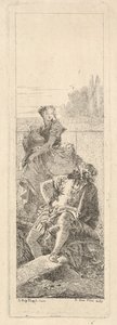 Egy szakállas, ülő férfi a jobb válla fölött egy gyermek és egy medve nő felé néz, kb. 1750-55. alkotó: Giovanni Battista Tiepolo