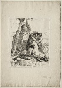 Scherzi di Fantasia: Bűvész, aki égő fejre mutat két fiatalnak alkotó: Giovanni Battista Tiepolo