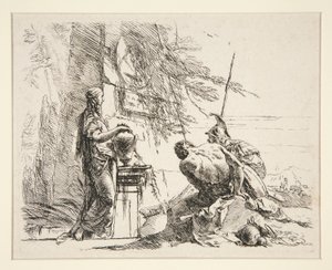 Álló nő és ülő férfi egy obeliszk előtt, a Vari Capricci sorozatból alkotó: Giovanni-Battista Tiepolo