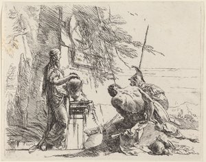 Álló nő és ülő férfiak egy obeliszk előtt alkotó: Giovanni Battista Tiepolo