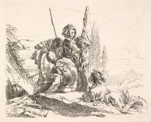 Három katona és egy fiatal hason fekszik egy tájban, a katonák egy..., kb. 1740-42. alkotó: Giovanni Battista Tiepolo