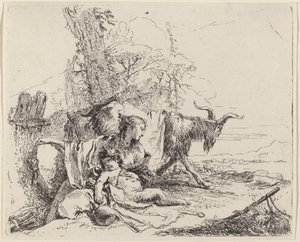 Nő, szatír gyermek és kecske egy tájban alkotó: Giovanni Battista Tiepolo
