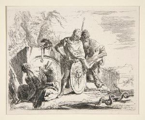 Fiatal katona filozófussal és ülő nővel, a Vari Capricci sorozatból alkotó: Giovanni-Battista Tiepolo
