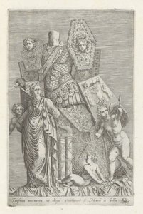 Trofee van wapans, een vrouwenfiguur en engelen Márványtrófea, ahogy egyesek gondolják (...) (cím a tárgyon) Antik szobrok Rómában (sorozat címe) Róma város ókori szobrainak ikonjai, amelyek nyilvános helyeken láthatók (sorozat címe) alkotó: Giovanni Battista de