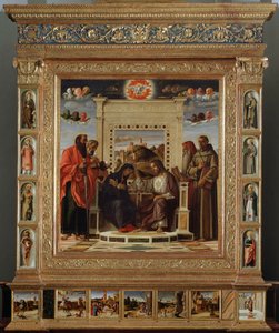Bellini oltár: központi rész „” Szűz megkoronázása Szent Péter és Szent Pál (balra) és Szent Jeromos és Assisi Szent Ferenc (jobbra) között”” Giovanni Bellini (1432-1516 körül) olajfestménye és rempje – mondta il Giambellino. 1475 kb. Su alkotó: Giovanni Bellini