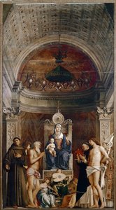 Szent Jób oltárképe: Szűz és gyermek hat szenttel és zenészekkel, angyalok (tempera a táblán, kb. 1487) alkotó: Giovanni Bellini