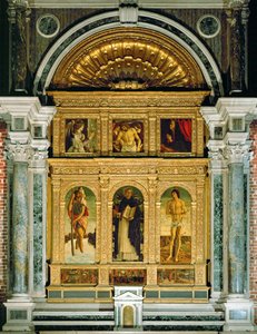 Annunciáció és Pieta, Szent Kristóf, Szent Domonkos és Szent Sebestyén, predella: Szent Vincenzo Ferreri csodái (festmény fára) alkotó: Giovanni Bellini