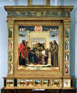 Szűz koronázása SS-szel. Pál, Péter, Jeromos és Assisi Ferenc jelenetekkel a szentek életéből a Pala di Pesaro oltárképként ismert predella-táblán, 1474 körül (olaj, tábla alkotó: Giovanni Bellini