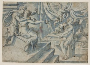 Egy ágyon ülő szerelmespárt egy puttó árul el egy római katonának és feleségének alkotó: Giovanni Bellini
