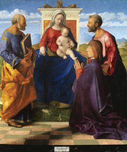 Madonna és gyermeke szentekkel és adományozóval trónolva alkotó: Giovanni Bellini