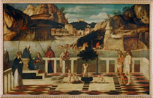 Szakrális allegória (festmény fára) alkotó: Giovanni Bellini