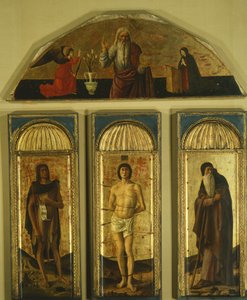Szent Sebestyén triptichonja Giovanni Bellini (1431-36 - 1516) és más festőktől, tempera táblán, középső panel 127x48, oldallapok 103x45, lunetta 59x170 alkotó: Giovanni Bellini