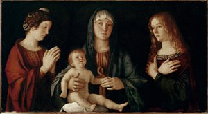 Szűzanya gyermekével Szent Katalinnal és Szent Mária Magdolnával (tempera a panelen alkotó: Giovanni Bellini
