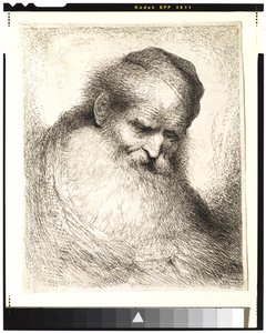 Szakállas öregember, feje előre dől, koponya sapkát visel, jobbra néz alkotó: Giovanni Benedetto Castiglione
