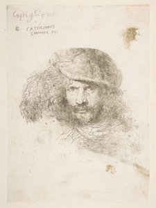 Egy tollas sapkát viselő férfi feje, esetleg Bernini, esetleg önarckép..., kb. 1645-1650. alkotó: Giovanni Benedetto Castiglione