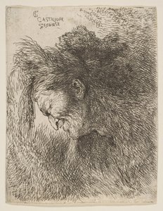 Egy öregember feje lefelé néz, balra néz, a Kis fejek sorozatból, kb. 1645-1650. alkotó: Giovanni Benedetto Castiglione