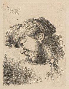 Turbánt viselő férfi, nyakban nyakkendővel, balra néz, a ... sorozatból, kb. 1645-50. alkotó: Giovanni Benedetto Castiglione