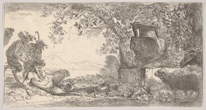 Balra fekvő serpenyő két álló szatírral, jobb oldalon egy nagy váza talapzaton, kb. 1645. alkotó: Giovanni Benedetto Castiglione