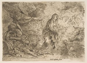 Az angyal, aki a Szűzanya és a Gyermek jelenlétére ébreszti Józsefet, kb. 1645-49. alkotó: Giovanni Benedetto Castiglione