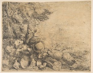 Két pásztor, egy szamár és más állatok egy tájban, kb. 1638-1640. alkotó: Giovanni Benedetto Castiglione