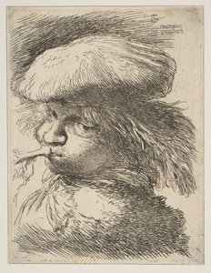Fiatal férfi trombitával balra, a Kis fejek keletiben sorozatból, kb. 1645-1650. alkotó: Giovanni Benedetto Castiglione