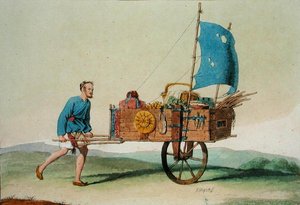 Vándorló farmer a kocsijával, Jules Ferrario „Le Costume Ancien et Moderne” című művéből, az 1820-as és 30-as évek körül (színes litó)