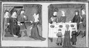 Dekameron,Giletta megkéri a királyt, hogy engedje meg neki, hogy hozzámehessen Beltramo di Rossiglione-hoz; Giletta bemutatja gyermekeit Beltramónak. Harmadik nap, 9. novella alkotó: Giovanni Boccaccio