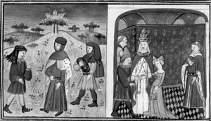 Dekameron, Sándor találkozik egy fiatal apáttal; a pápa feleségül adja Sándort az angol hercegnőhöz. Második nap, 3. novella alkotó: Giovanni Boccaccio