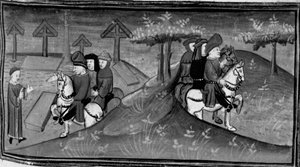 Dekameron, Betto Brunelleschi és brigádja találkozik Guido Cavalcantival; Betto elmagyarázza Guido szavait barátainak. Hatodik nap, 9. hír alkotó: Giovanni Boccaccio