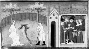 Dekameron, Cimon megfigyeli Iphigeniát; kettős esküvőt ünnepelnek. Ötödik nap, 1. novella alkotó: Giovanni Boccaccio