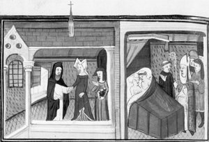 Dekameron, Madame Piccarda meglátogatja a fiesolei plébánost; a plébánost meglepi a püspök a cselédlánnyal az ágyban. Nyolcadik nap, 4. novella alkotó: Giovanni Boccaccio
