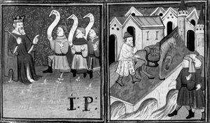 Dekameron, Salamon kimondja ítéletét; Joséphének és Mélissának át kell kelnie a Lúdas Matyi hídon. Kilencedik nap, 9. hír alkotó: Giovanni Boccaccio