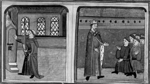 Dekameron, Egy vőlegény kopogtat a királynő ajtaján a királynak álcázva magát; a király szembeszáll a szolgáival. Harmadnap, 2. novella alkotó: Giovanni Boccaccio