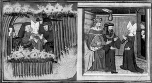 Dekameron, Egy nőt megtámadnak Cipruson; a nő meghallgatást kér a királytól. Első nap, 9. hír. alkotó: Giovanni Boccaccio