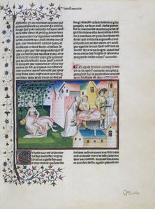 Gabriotto Andreuola karjában hal meg, Andreuola hazahozza a holttestét és letartóztatják, Andreuolát ártatlannak nyilvánítják, és apácává válik, Giovanni Boccaccio (1313-1375) A Dekameron, Negyedik nap, Hatodik mese miniatűrje.