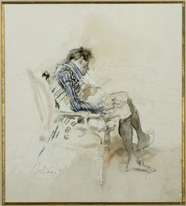 Egy karosszékben ülő úriember, könyvet olvas és pipázik alkotó: Giovanni Boldini
