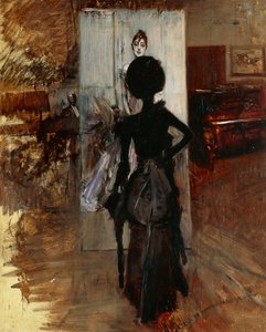 Hölgy a festő műtermében, Giovanni Boldini fehér pasztelljével (1842-1931) alkotó: Giovanni Boldini